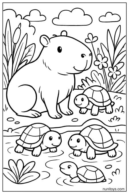 Capybara sits near turtles in grassy waterside area Coloring Page