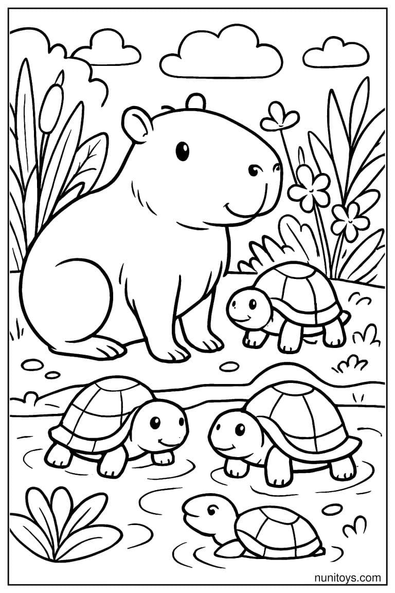 Capybara by turtles waterside coloring page - Free PDF