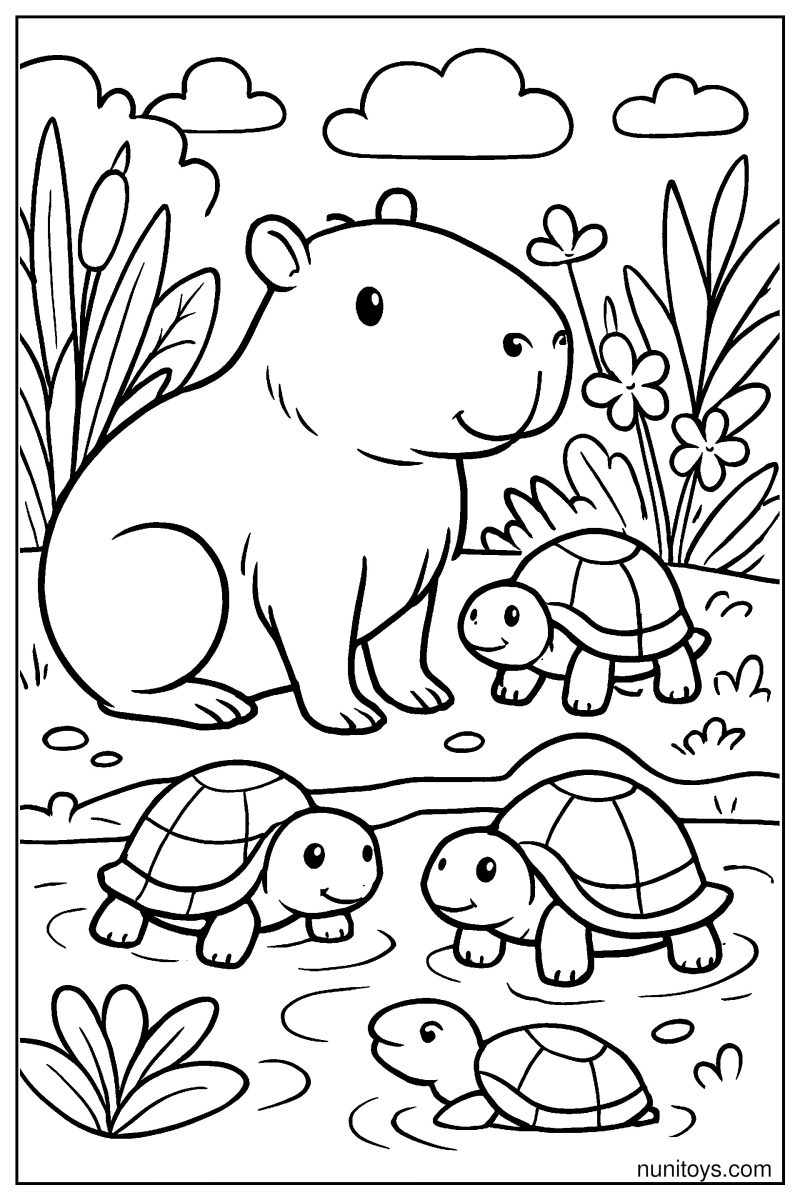 Capybara Sharing Space with Turtles by the Pond Coloring Page