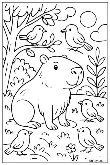Capybara sits surrounded by small birds in nature Coloring Page