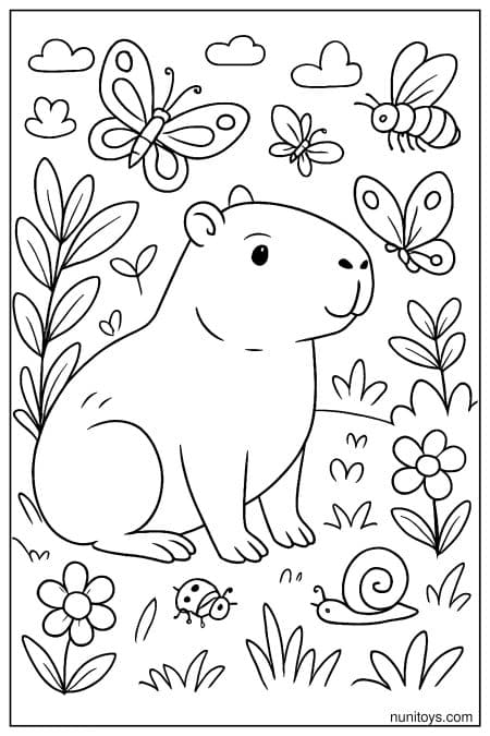Capybara sits among butterflies flowers and small insects Coloring Page