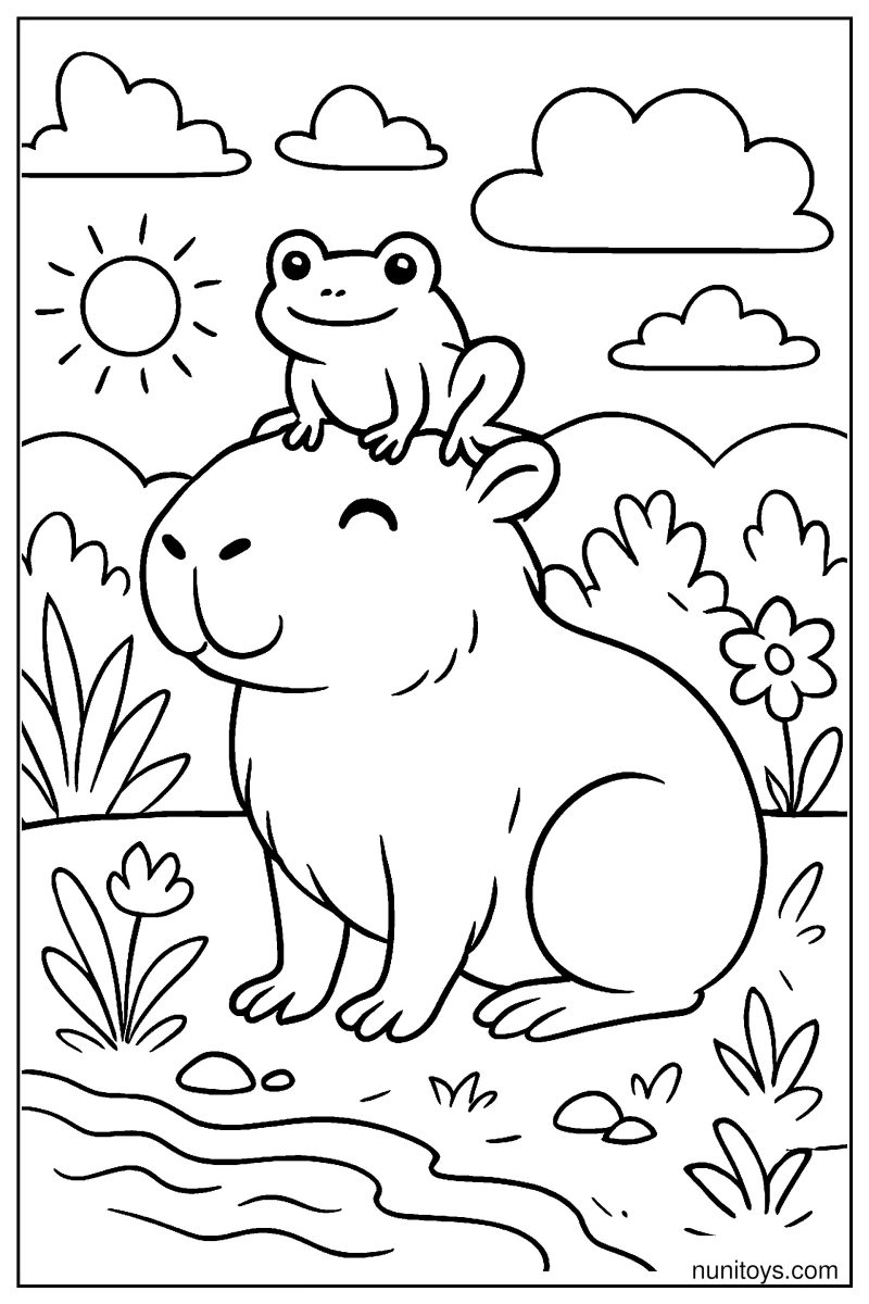 Capybara with Frog on Head: Humorous Natural Scene Coloring Page