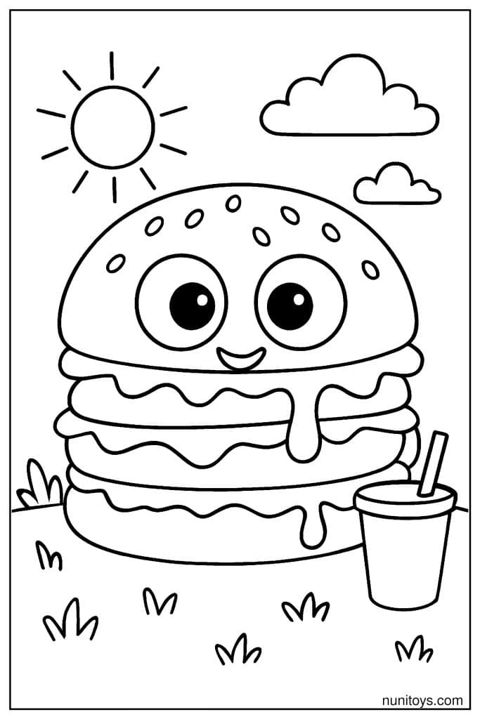 Cartoon Burger Coloring Page with Big Eyes and Dripping Cheese Slice
