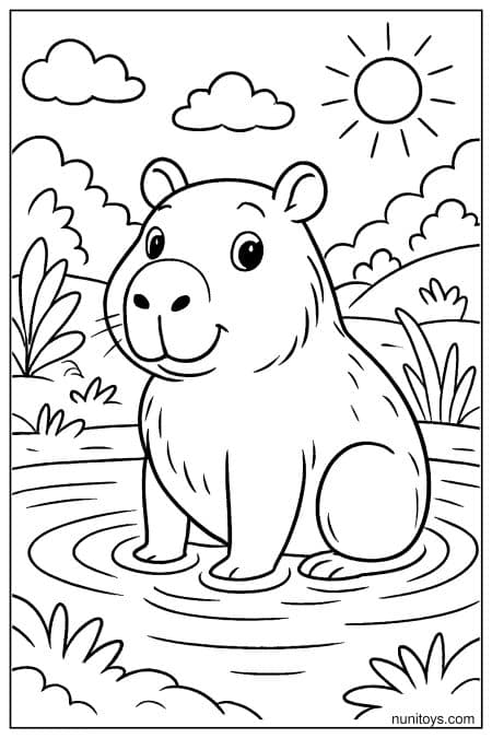 Capybara sits in shallow water under sunny sky Coloring Page