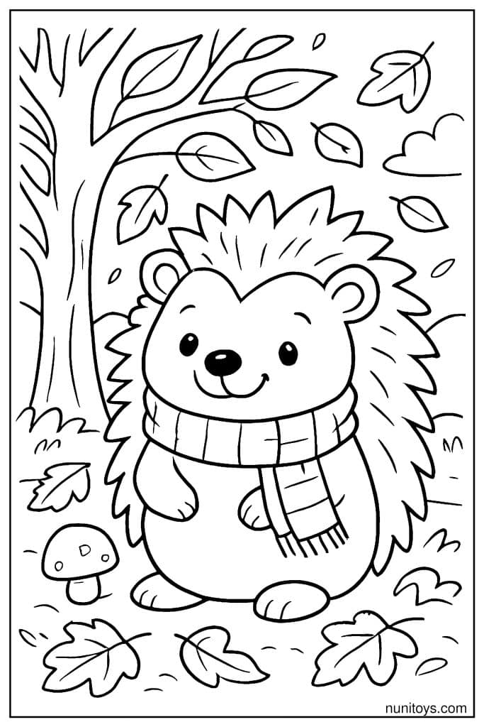 דף צביעה של קיפוד עם צעיף בין עלים נושרים בסתיו