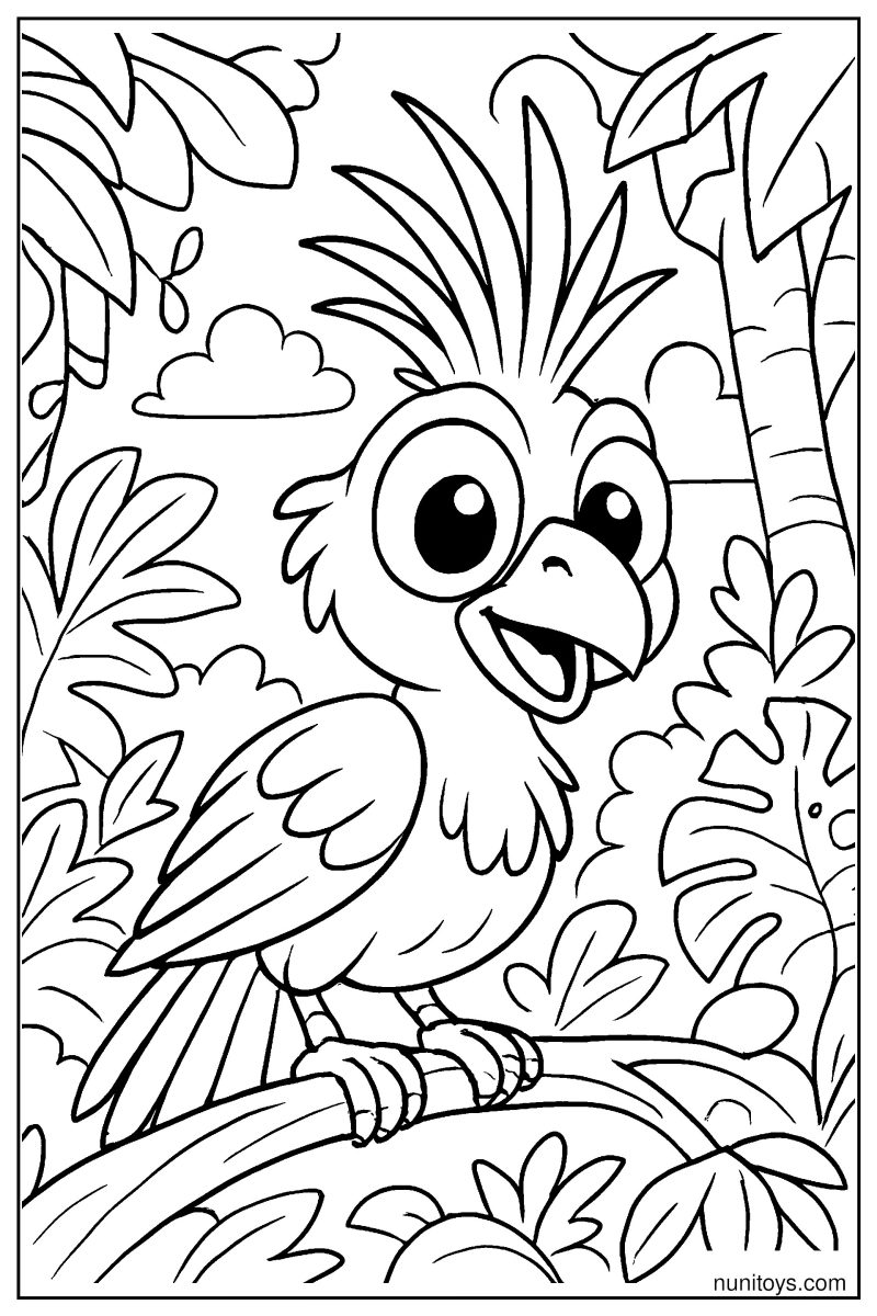 ציפור הואצין שמחה על ענף בג'ונגל דף צביעה לילדים