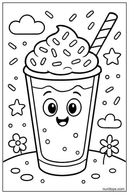 Cartoon Milkshake Coloring Page with Colorful Sprinkles and a Striped Straw
