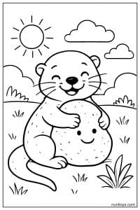 דף צביעה של לוטרה חמודה מחבקת אבן על הדשא