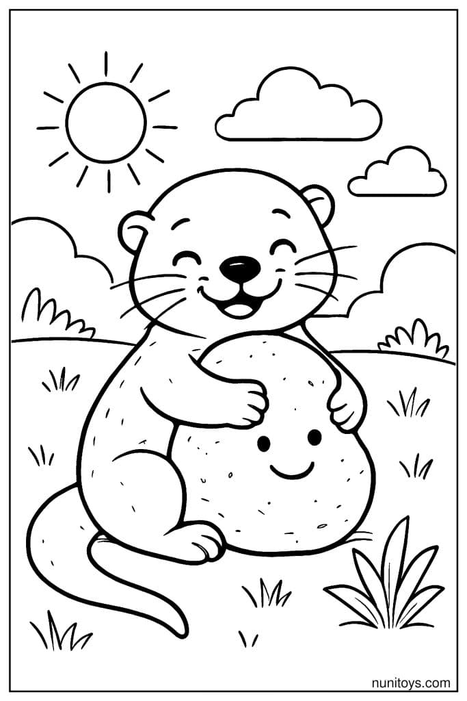 דף צביעה של לוטרה חמודה מחבקת אבן על הדשא