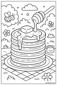 דף צביעה של פנקייקים עם חמאה ודבש נשפך מלמעלה