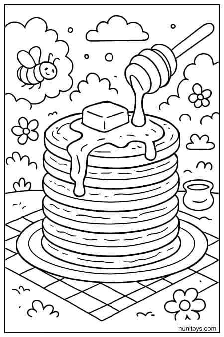 Honey Drizzle Over Pancake Stack with Butter in a Sunny Garden Coloring Page
