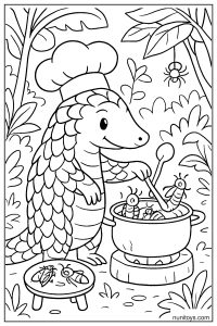 דף צביעה פנגולין שף מבשל חרקים בסיר בג׳ונגל