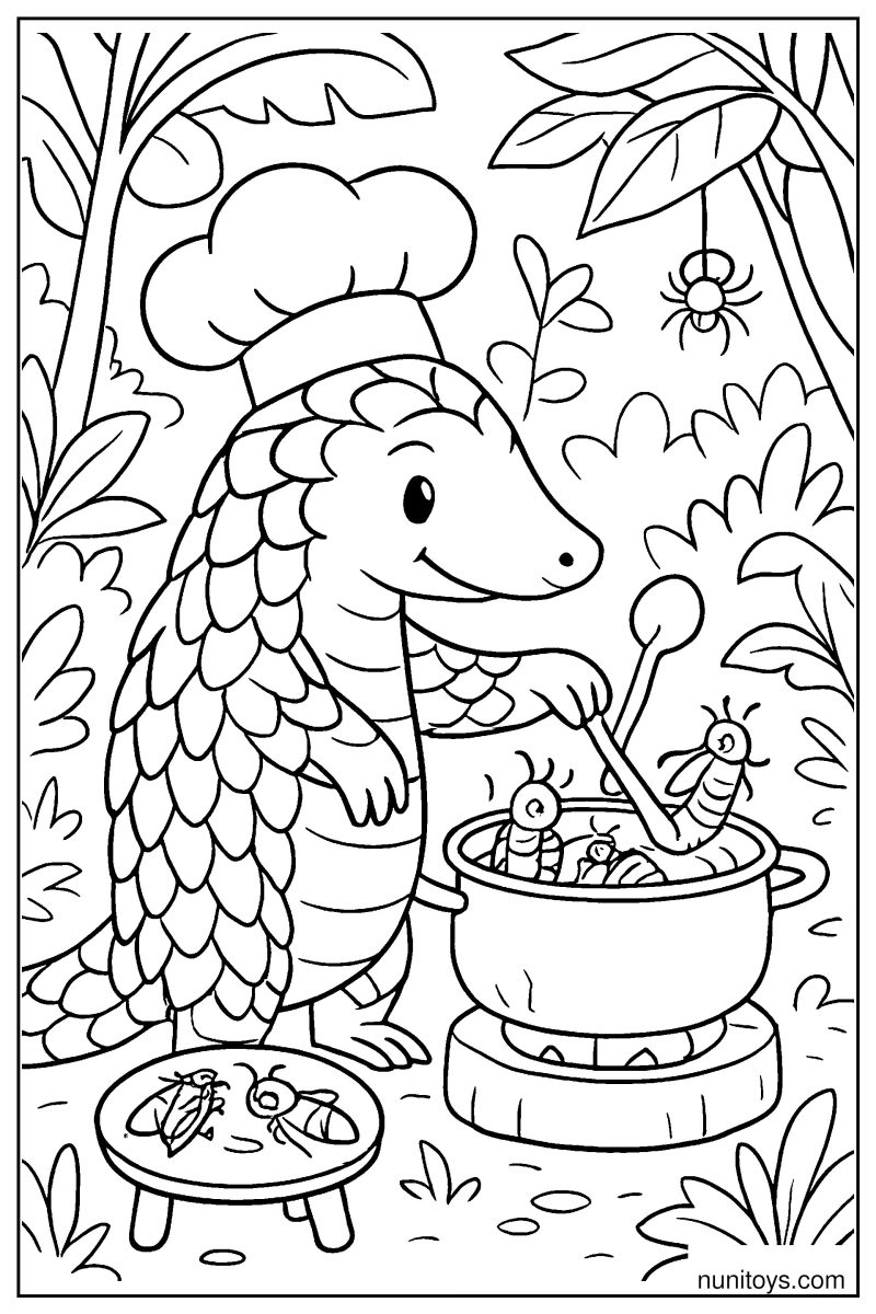 Cartoon Pangolin Chef in Jungle Kitchen Coloring Page