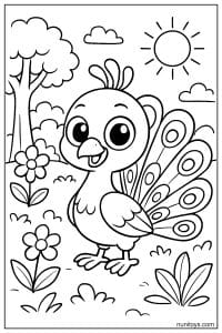 דף צביעה טווס קטן עומד בגינה עם פרחים תחת שמש