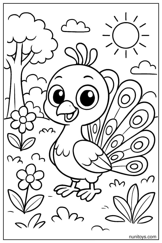 דף צביעה טווס קטן עומד בגינה עם פרחים תחת שמש