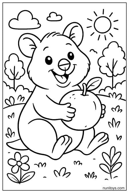 Quokka holds round fruit under sunny sky outdoors Coloring Page