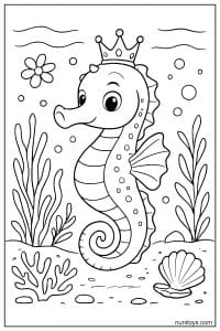 Free Seahorse Coloring Sheet with Crown and Sea Plants