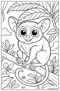 Printable Tarsier Sitting on Branch with Large Leaves