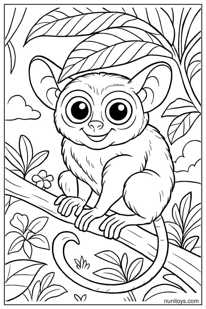 Printable Tarsier Sitting on Branch with Large Leaves