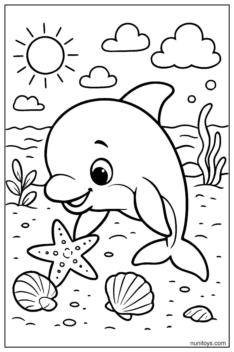 Cartoon Vaquita Playing with Starfish and Seashells by the Beach Coloring Page