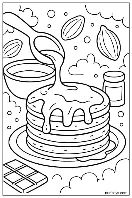 Chocolate Syrup Pouring Over Pancakes with Cocoa Beans Coloring Page
