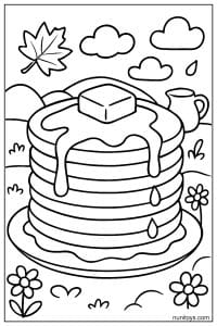 דף צביעה של פנקייקים עם חמאה וסירופ בשדה פרחים