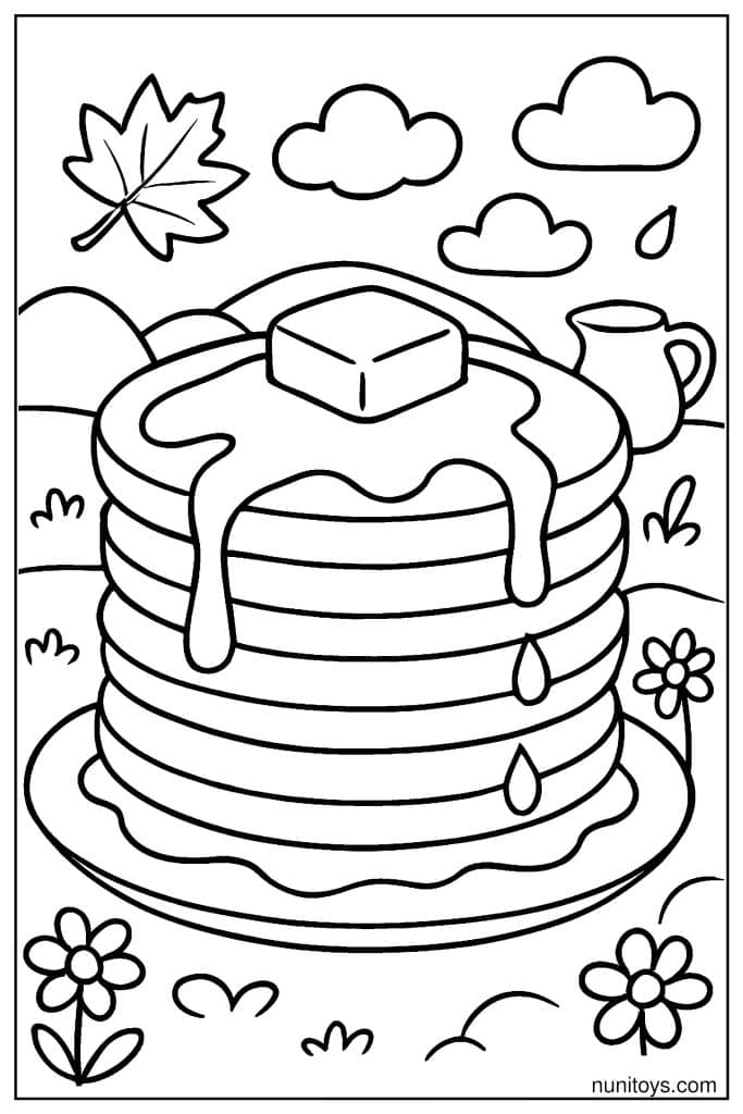 דף צביעה של פנקייקים עם חמאה וסירופ בשדה פרחים