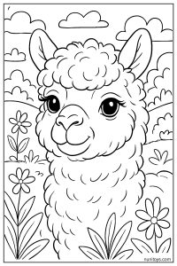 דף צביעה פנים של אלפקה חמודה בין פרחים