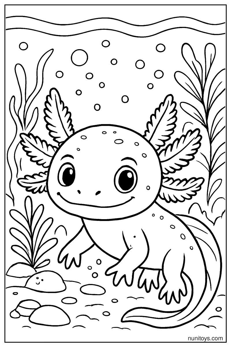 דף צביעה אקסולוטל חייכן עם עיניים גדולות בין צמחי מים
