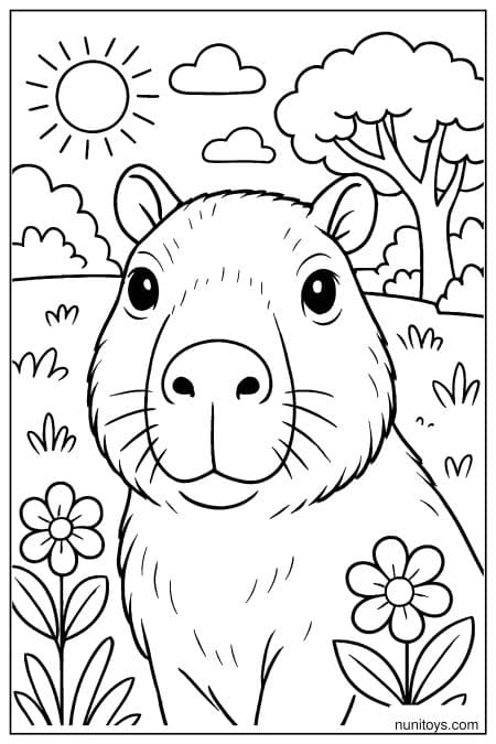 Close view of capybara face with flowers and sky Coloring Page