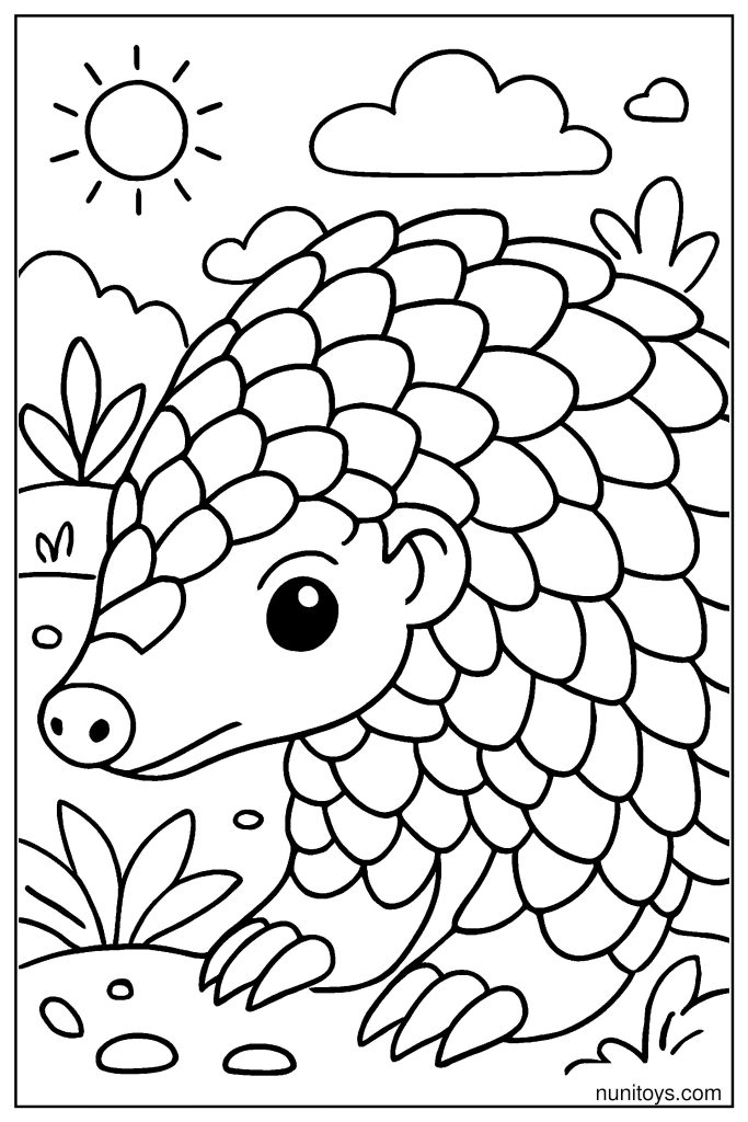 Close-Up Pangolin Head Coloring Page with Tiny Eyes and Scale Texture