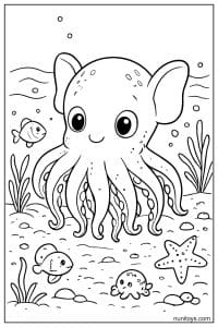 Cute Dumbo Octopus Coloring Sheet with Fish and Starfish