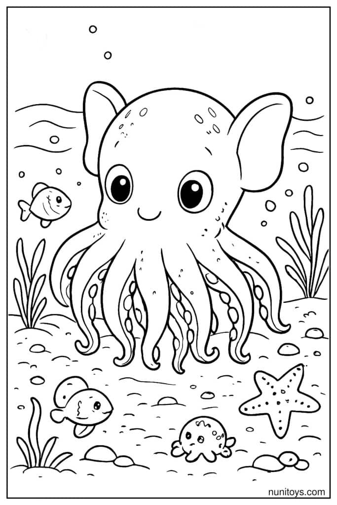 Cute Dumbo Octopus Coloring Sheet with Fish and Starfish