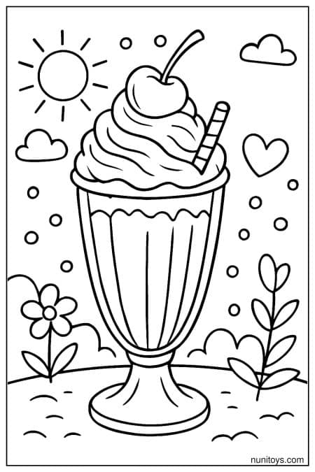 Realistic Milkshake Coloring Page with Glass, Whipped Cream, and Cherry