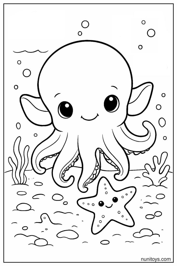 Printable Dumbo Octopus with Starfish on Ocean Floor