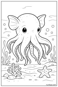 Dumbo Octopus Coloring Page with Starfish on Sand