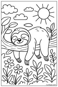 דף צביעה של עצלן תלוי על ענף עץ ביום שמשי