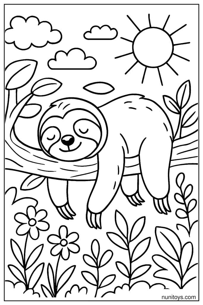 דף צביעה של עצלן תלוי על ענף עץ ביום שמשי