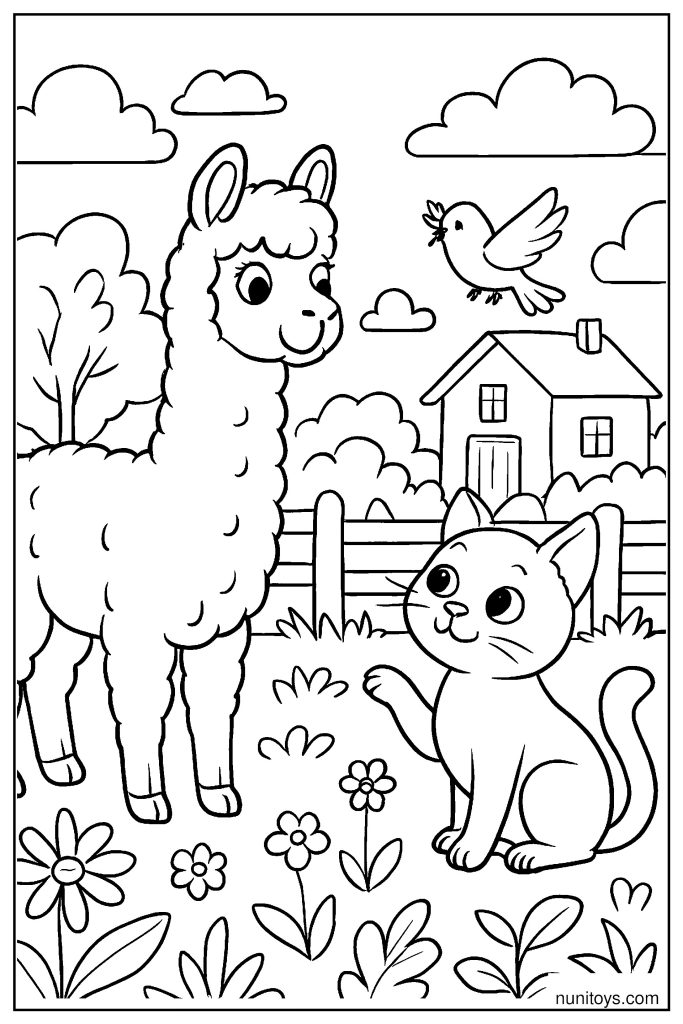 דף צביעה אלפקה עם חתול וציפור בחצר כפרית