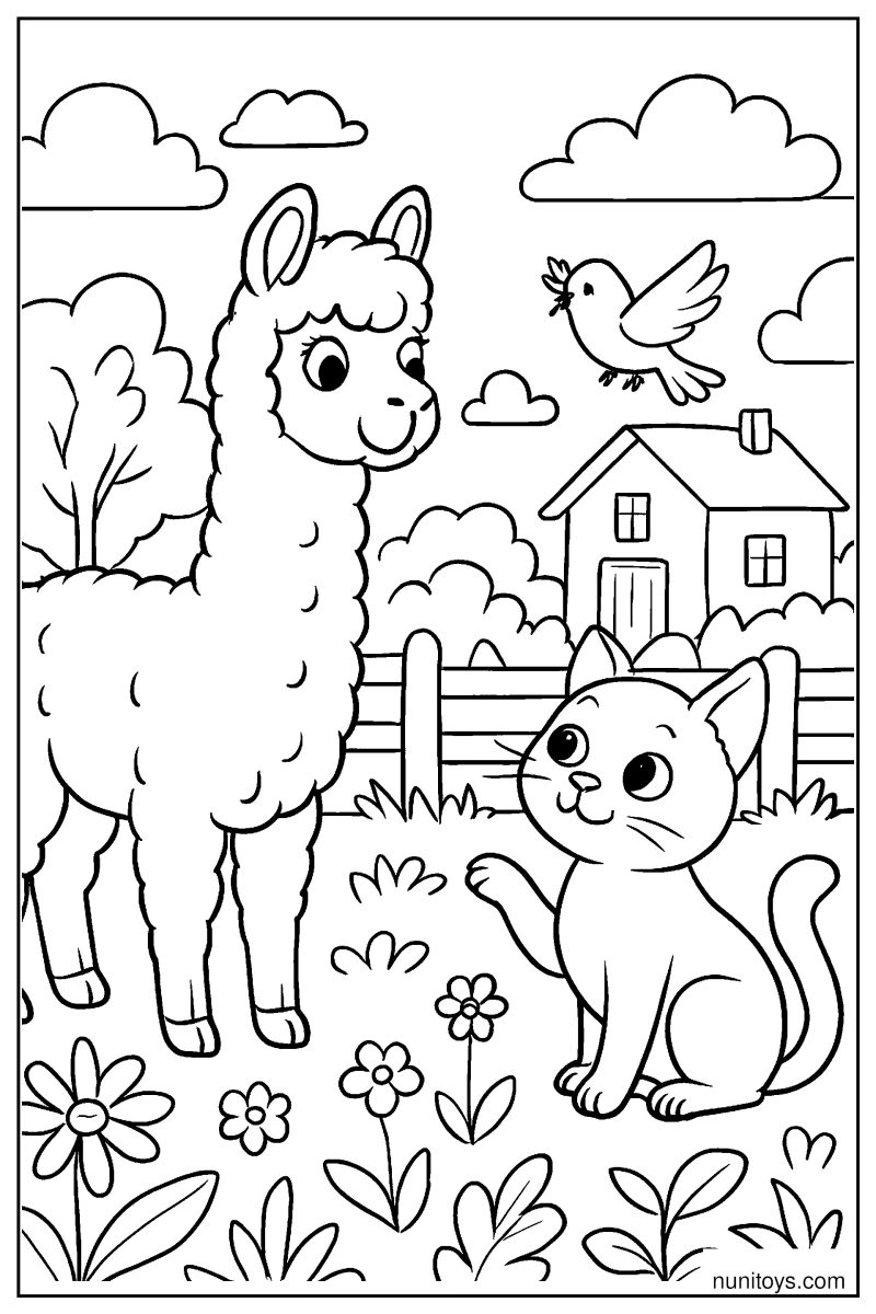 דף צביעה אלפקה עם חתול וציפור בחצר כפרית