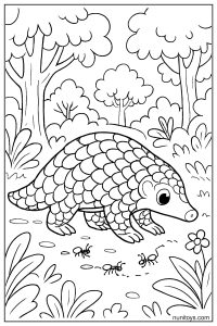 דף צביעה פנגולין הולך אחרי נמלים ביער בין עצים