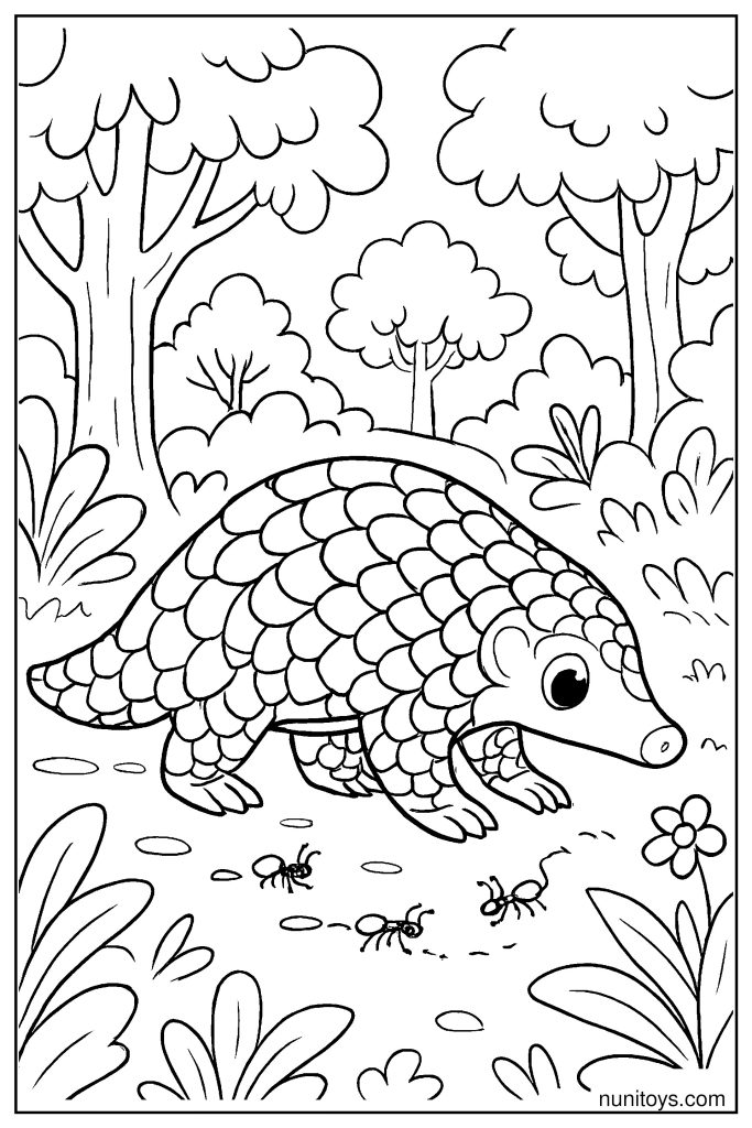 דף צביעה פנגולין הולך אחרי נמלים ביער בין עצים