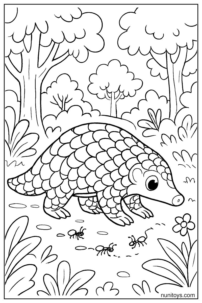דף צביעה פנגולין הולך אחרי נמלים ביער בין עצים