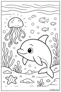 Curious Vaquita and Glowing Jellyfish: Dark Ocean Coloring Page
