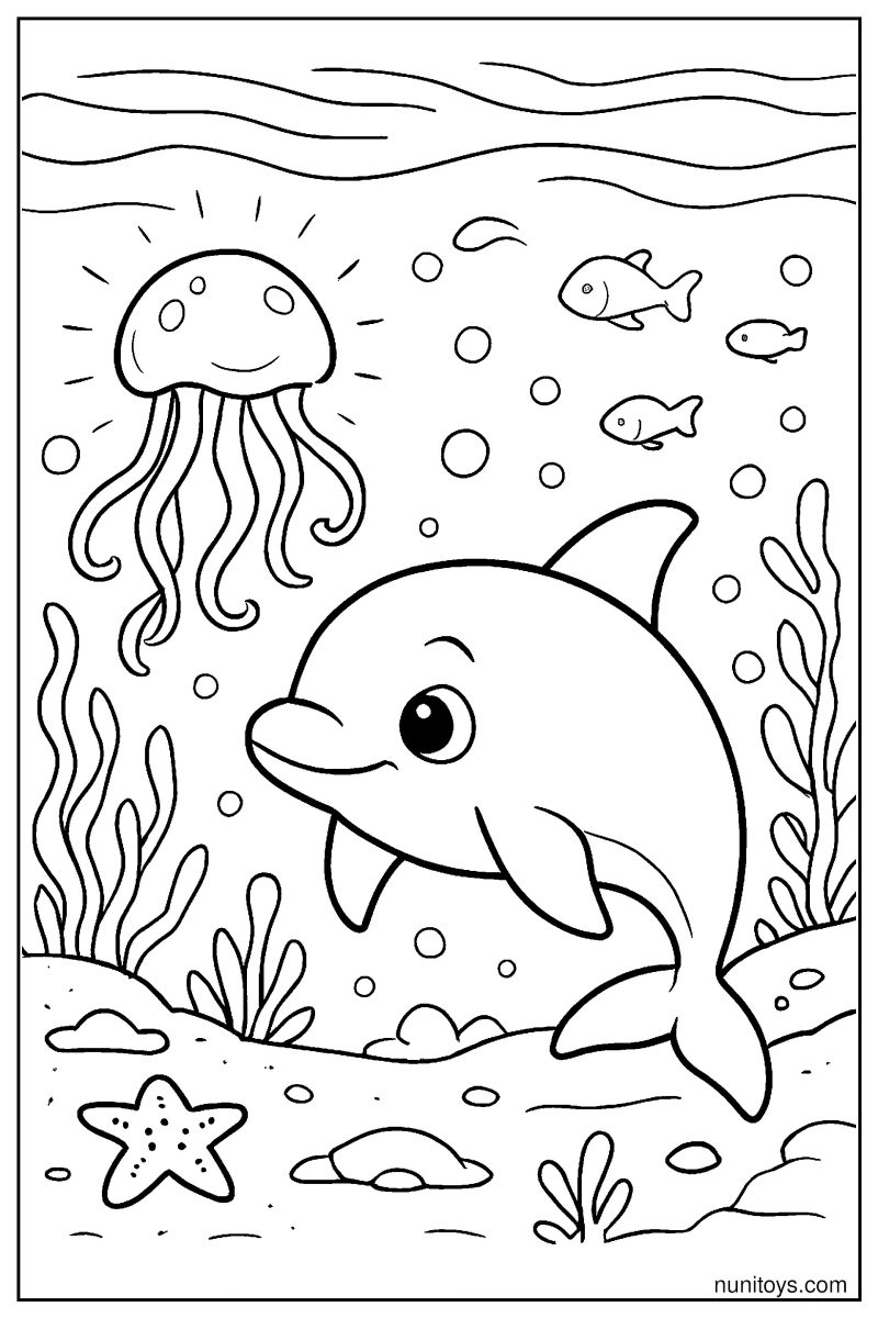 Curious Vaquita and Glowing Jellyfish: Dark Ocean Coloring Page