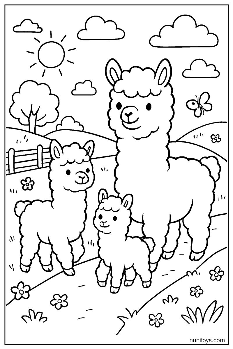 דף צביעה משפחת אלפקות עומדת בשדה כפרי