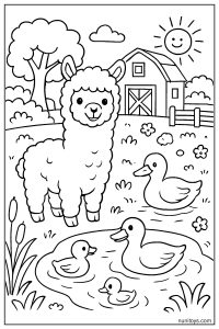 דף צביעה אלפקה ליד בריכת ברווזים בחווה