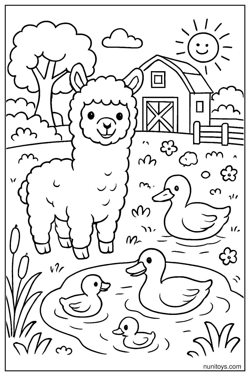 דף צביעה אלפקה ליד בריכת ברווזים בחווה