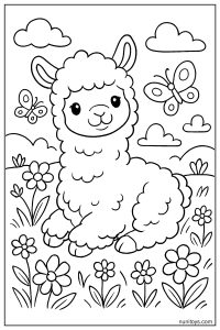 דף צביעה אלפקה חמודה עם פרווה רכה בשדה פרחים