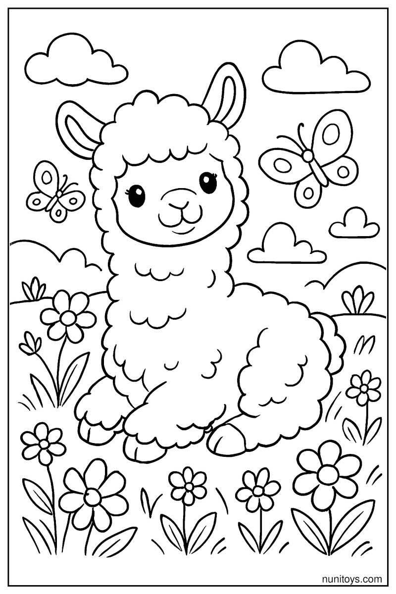 דף צביעה אלפקה חמודה עם פרווה רכה בשדה פרחים